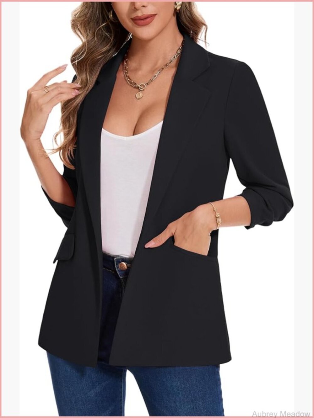 3/4 Sleeve Blazer Open Front Notch Lapel Ruched Sleeve Pockets Lightweight